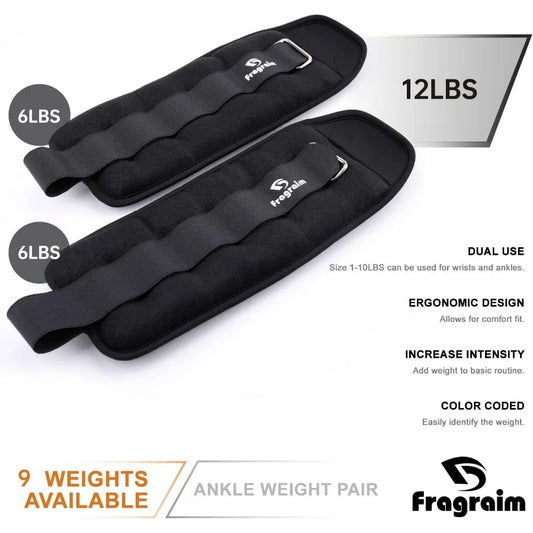 Ankle Weights for Women, Men and Kids 12Lbs Pair (6lb x 2) Black Strength Training Wrist/Leg/Arm Weight with Adjustable Strap fo