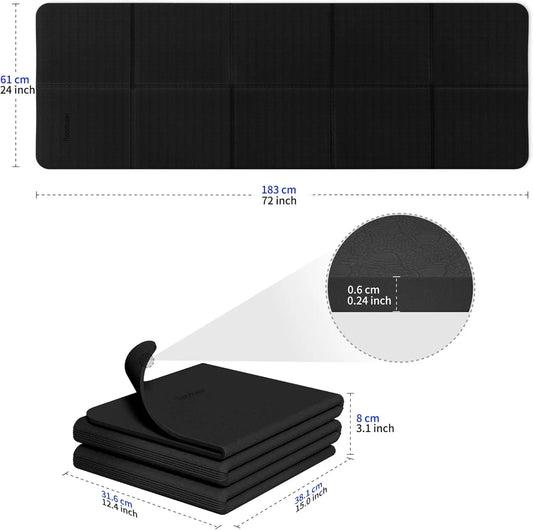 Foldable Travel Yoga Mat 6mm Thick with Carrying Bag, Non-Slip TPE Exercise Pilates Mat for Home and Gym Use