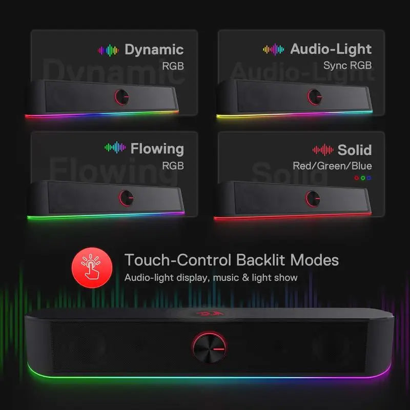 Redragon GS560 Adiemus RGB USB Desktop Soundbar, 2.0 Channel Computer Speaker with Dynamic Lighting Bar Audio-Light Sync/Display