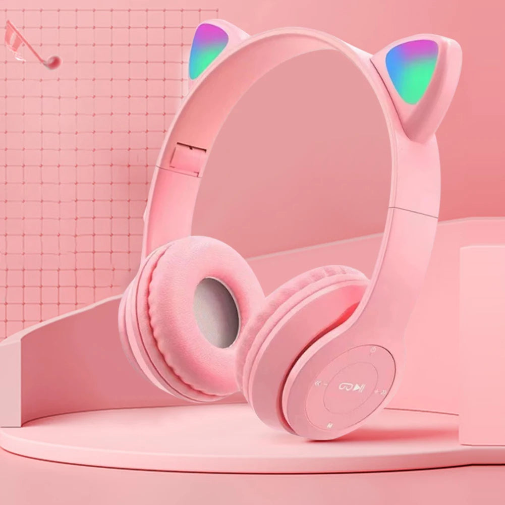 Wireless Headphones Cat Ear Bluetooth-Compatible Helmets Glow Light Over-Ear Headsets Stereo Bass Sports Headphones for PC Phone