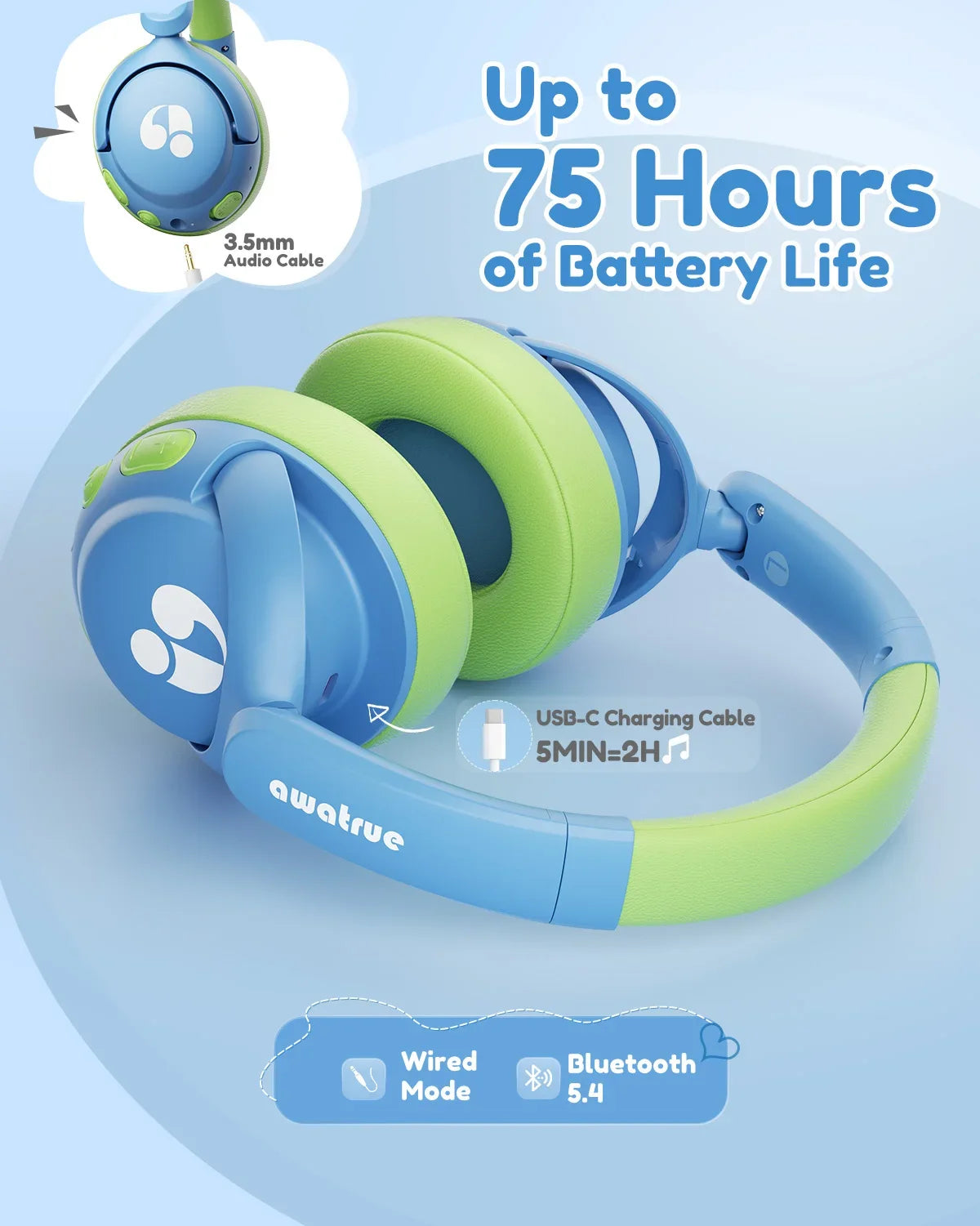 Awatrue Kids Bluetooth 5.4 Headphones 85dB Safe Volume Wireless Over-Ear Toddler Headphones for IPad/YOTO Player/Tablet/School