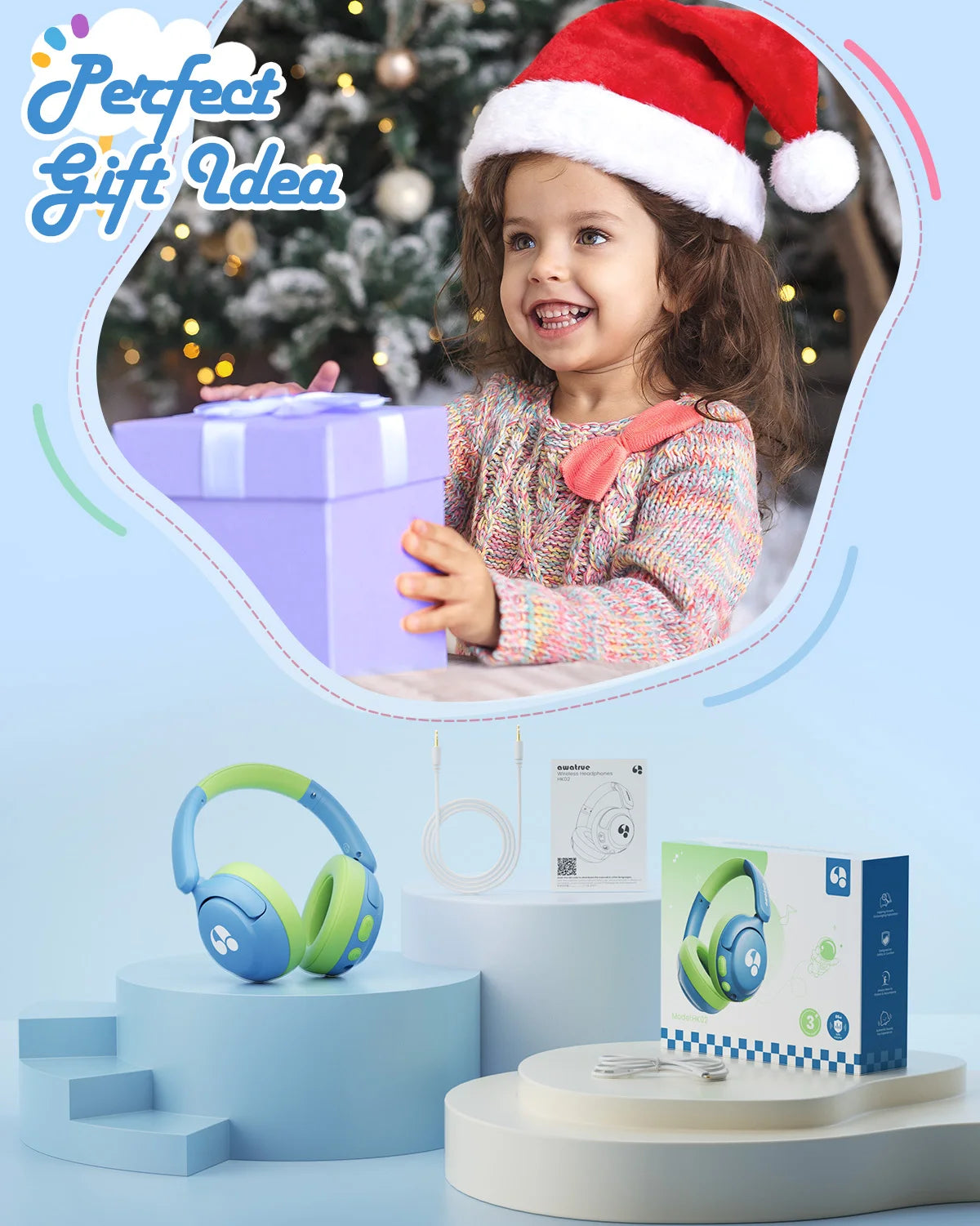 Awatrue Kids Bluetooth 5.4 Headphones 85dB Safe Volume Wireless Over-Ear Toddler Headphones for IPad/YOTO Player/Tablet/School