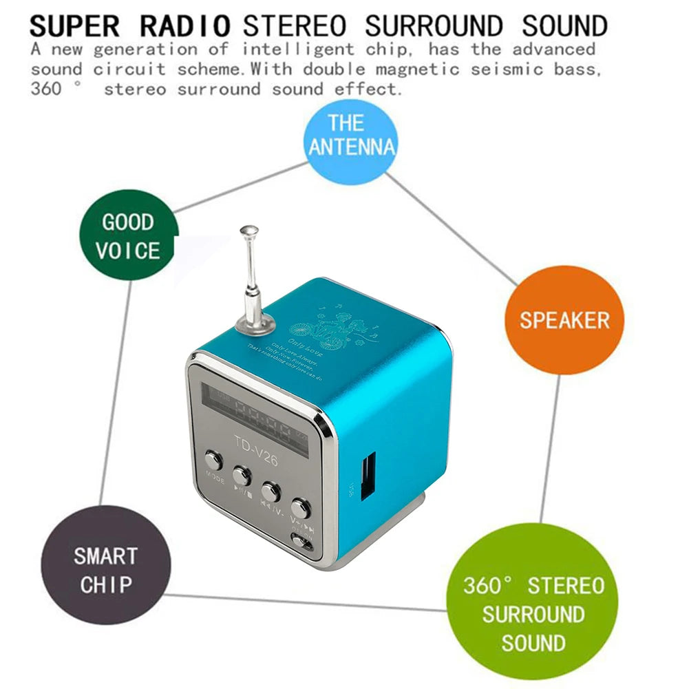 TD-V26 Mini Bluetooth Speaker with FM Radio MP3 Player LED Display and TF Card Support in Portable Design