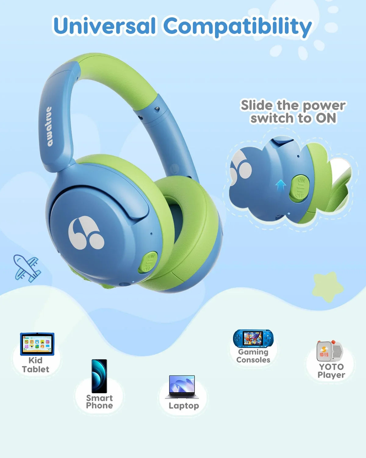 Awatrue Kids Bluetooth 5.4 Headphones 85dB Safe Volume Wireless Over-Ear Toddler Headphones for IPad/YOTO Player/Tablet/School