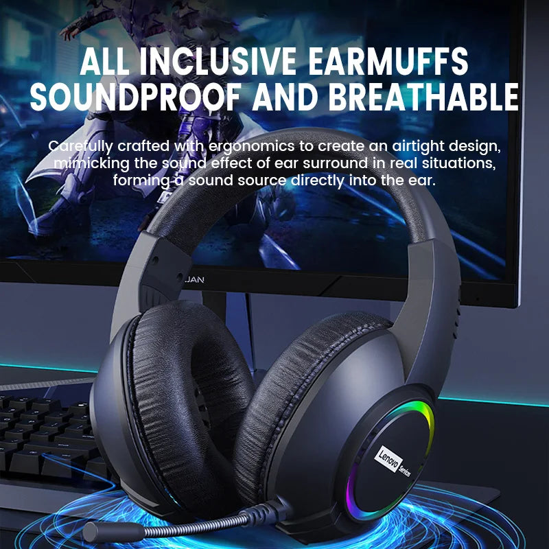 Lenovo E08 E-sports Gaming Wired Headphone RGB Light Computer Laptop 7.1 Virtual Surround Sound Effects Headset with Microphone