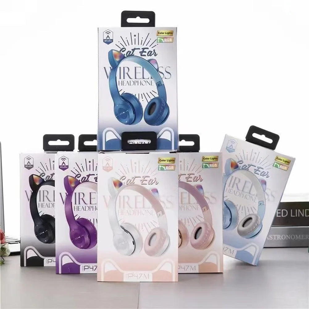 Wireless Headphones Cat Ear Bluetooth-Compatible Helmets Glow Light Over-Ear Headsets Stereo Bass Sports Headphones for PC Phone