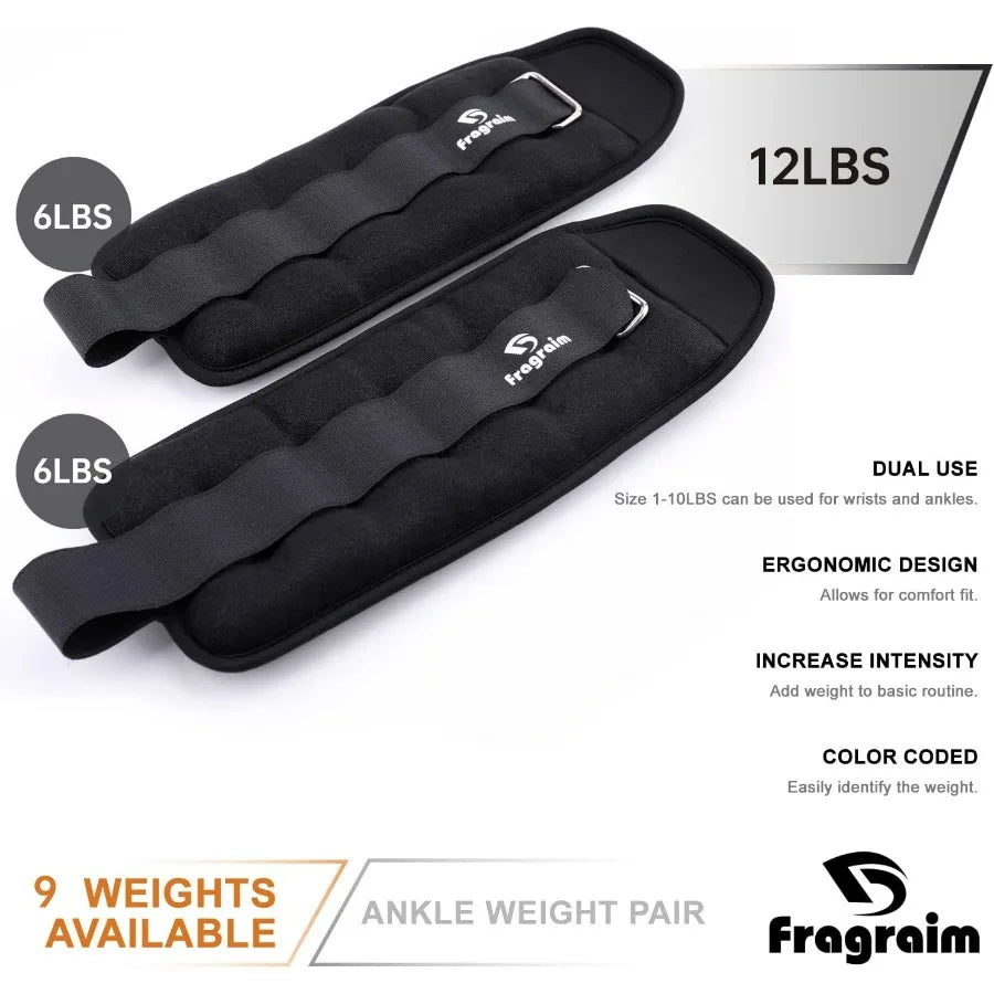 Ankle Weights for Women, Men and Kids 12Lbs Pair (6lb x 2) Black Strength Training Wrist/Leg/Arm Weight with Adjustable Strap fo