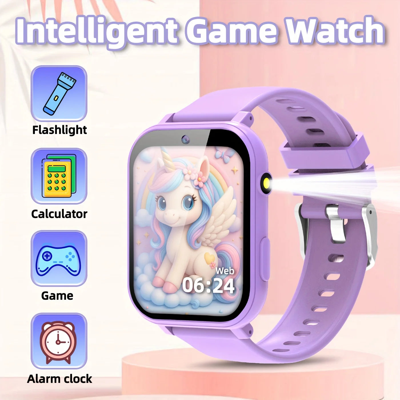Kids Sports Smartwatch Ages 3-14: 18 Educational Games, Touchscreen Music Player, Purple Silicone Strap for Daily & Outdoor Use