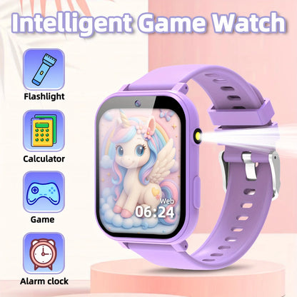 Kids Sports Smartwatch Ages 3-14: 18 Educational Games, Touchscreen Music Player, Purple Silicone Strap for Daily & Outdoor Use