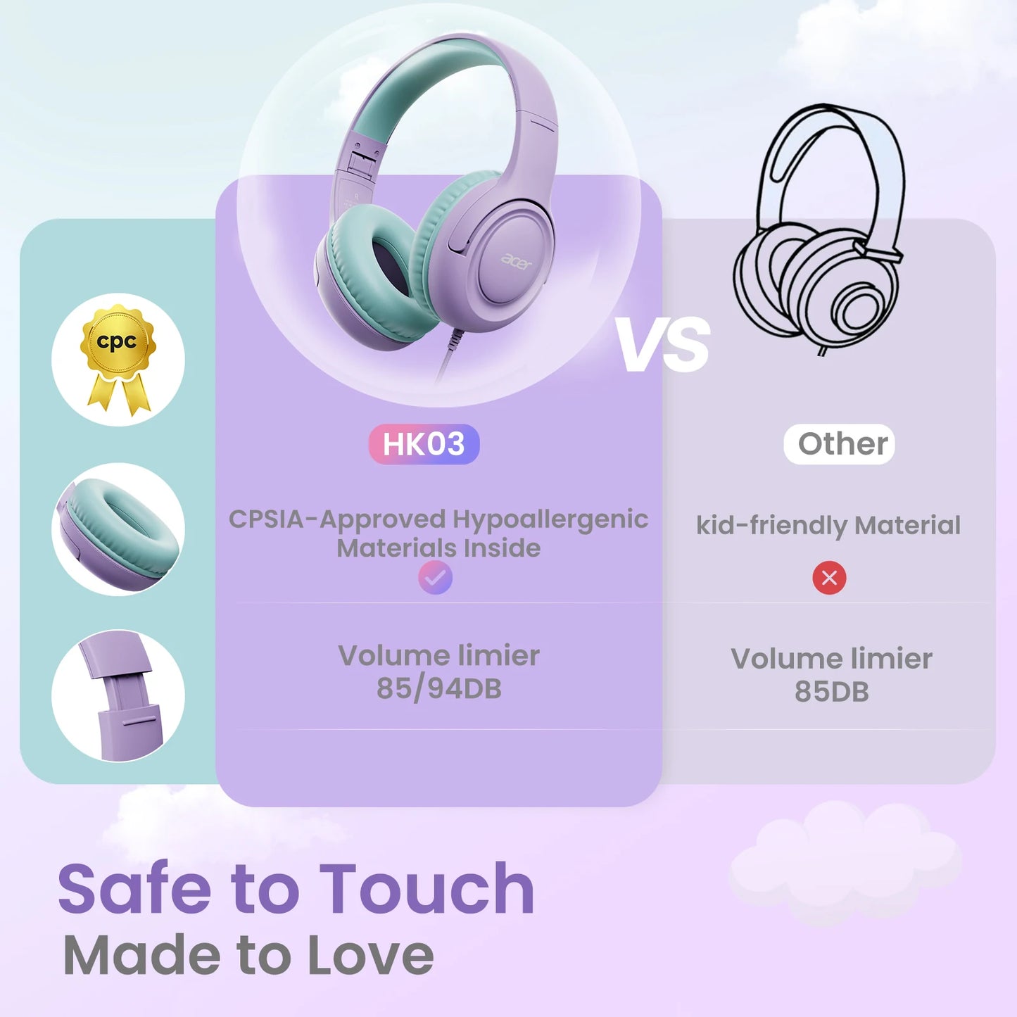 Acer Kids Headphones Wired for School 85/94dB Volume Limiter Foldable Stereo Sound Headset for Kids Learning Tablet IPad PC