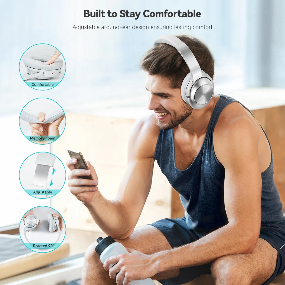 Siindoo JH-ANC805B Active Noise Cancelling Wireless Headphones Over Ear with Mic BT 5.3 HiFi Stereo Headset Deep Bass for PC TV