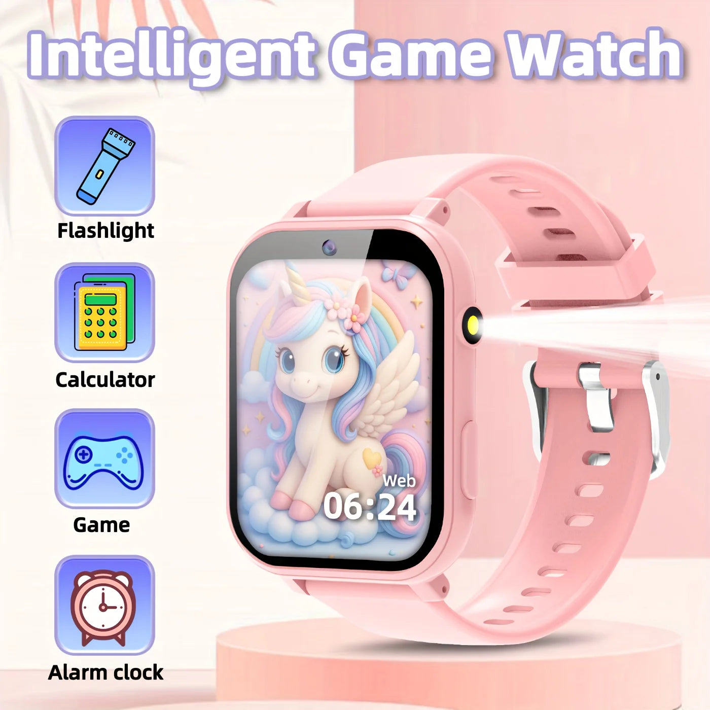 Kids Sports Smartwatch Ages 3-14: 18 Educational Games, Touchscreen Music Player, Purple Silicone Strap for Daily & Outdoor Use