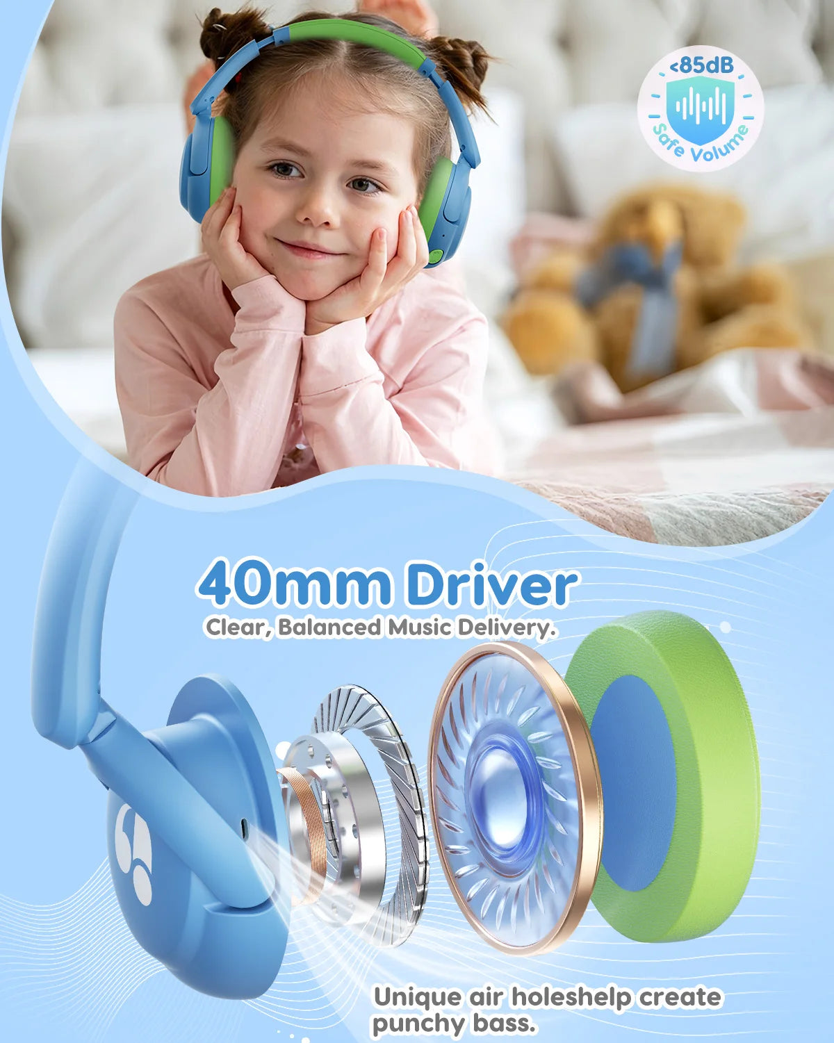 Awatrue Kids Bluetooth 5.4 Headphones 85dB Safe Volume Wireless Over-Ear Toddler Headphones for IPad/YOTO Player/Tablet/School