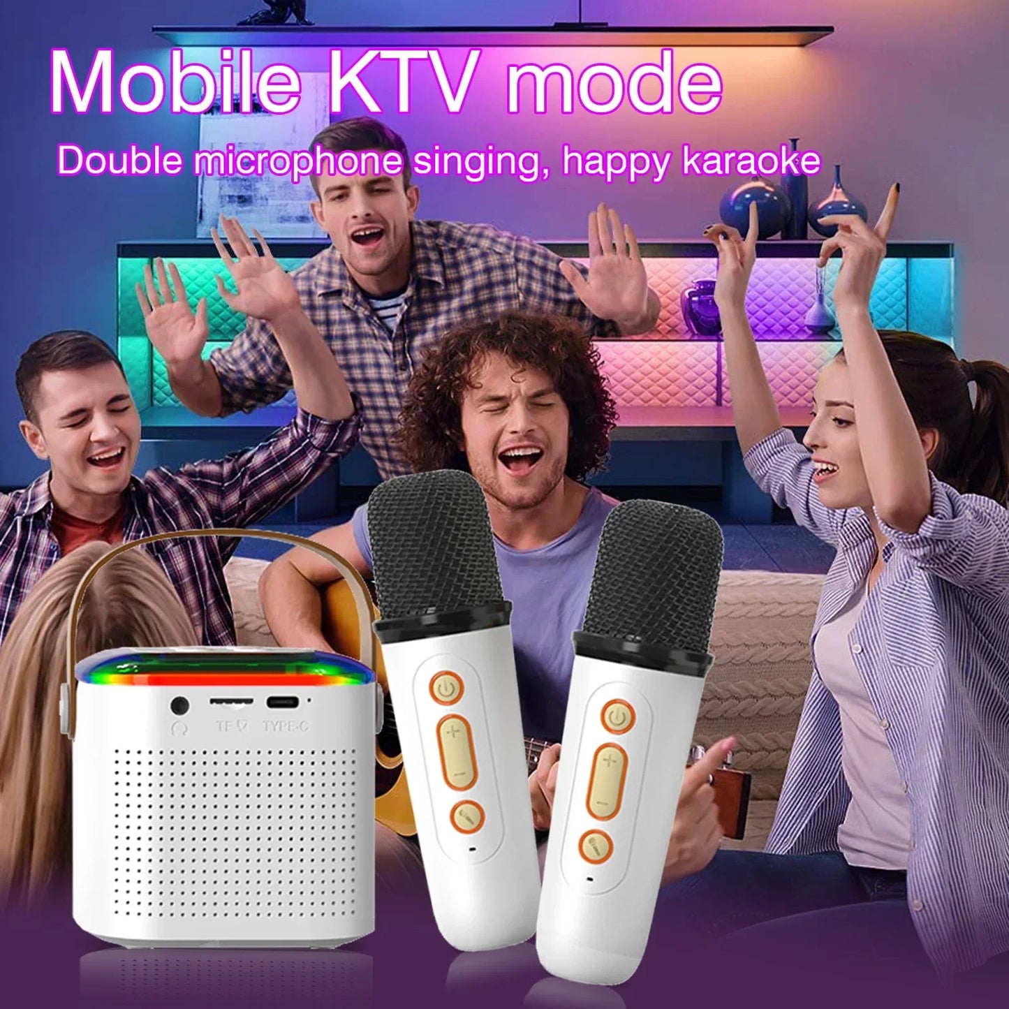 Wireless Karaoke Speaker, RGB Color Lighting, Two Microphones Rechargeable Battery, for Family Karaoke, Parties, Birthday Gifts